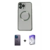 MARSİLYAN™- iPhone 13 Pro Max Kılıf Ahenk Işık Serisi - Siyah Bilvis 5in1 3D Magic Cam Ekran Koruyucu + Mavi Neon Fosforlu Kamera Lens
