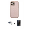 MARSİLYAN™- iPhone 13 Pro Max Kılıf Ahenk Işık - Siyah 3D Antistatik Hayalet Cam Ekran Koruyucu + Lacivert Pers Alüminyum Kamera Lens