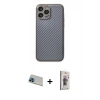 MARSİLYAN™- iPhone 13 Pro Max Kılıf Ahenk Işık - Siyah Bilvis 3D Cam Ekran Koruyucu + Mavi Rainbow Kamera Lens Koruma Cam