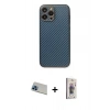 MARSİLYAN™- iPhone 13 Pro Max Kılıf Ahenk Işık - Siyah Bilvis 3D Cam Ekran Koruyucu + Mavi Rainbow Kamera Lens Koruma Cam