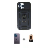MARSİLYAN™- iPhone 13 Pro Max Kılıf Ahenk Klasik - Şeffaf Maxco Cam Ekran Koruyucu + Mavi Neon Fosforlu Kamera Lens