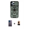 MARSİLYAN™- iPhone 13 Pro Max Kılıf Ahenk Klasik - Şeffaf Maxco Cam Ekran Koruyucu + Mavi Neon Fosforlu Kamera Lens