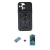 MARSİLYAN™- iPhone 13 Pro Max Kılıf Ahenk Klasik - Siyah 18D Cam Ekran Koruyucu + Shine Kamera Lens Koruma Cam - PE