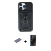 MARSİLYAN™- iPhone 13 Pro Max Kılıf Ahenk Klasik - Siyah 3D Antistatik Hayalet Cam Ekran Koruyucu + Renkli Kamera Lens Koruma Cam - PE