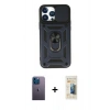 MARSİLYAN™- iPhone 13 Pro Max Kılıf Ahenk Klasik - Siyah 6D Mat Seramik Hayalet Nano Ekran Koruyucu + Mavi Neon Fosforlu Kamera Lens