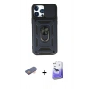 MARSİLYAN™- iPhone 13 Pro Max Kılıf Ahenk Klasik - Siyah Bilvis 5in1 5D Magic Hayalet Cam Ekran Koruyucu + Turuncu Renkli Kamera Lens Koruma Cam