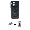 MARSİLYAN™- iPhone 13 Pro Max Kılıf Ahenk Klasik - Siyah Bilvis Hayalet Cam Ekran Koruyucu + Renkli Kamera Lens Koruma Cam - MI