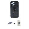 MARSİLYAN™- iPhone 13 Pro Max Kılıf Ahenk Klasik - Siyah Bilvis Hayalet Cam Ekran Koruyucu + Mavi Renkli Kamera Lens Koruma Cam