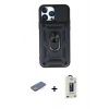 MARSİLYAN™- iPhone 13 Pro Max Kılıf Ahenk Klasik - Siyah Bilvis Hayalet Cam Ekran Koruyucu + Renkli Kamera Lens Koruma Cam - YL