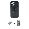 MARSİLYAN™- iPhone 13 Pro Max Kılıf Ahenk Klasik - Siyah Bilvis Hayalet Cam Ekran Koruyucu + Shine Kamera Lens Koruma Cam - PE