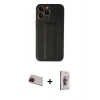 MARSİLYAN™- iPhone 13 Pro Max Kılıf Akış Doku - Siyah Bilvis 3D Cam Ekran Koruyucu + Kırmızı Rainbow Kamera Lens Koruma Cam