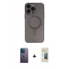 MARSİLYAN™- iPhone 13 Pro Max Kılıf Akış Minimal Özel Seri - Siyah 6D Mat Seramik Hayalet Nano Ekran Koruyucu + Mavi Neon Fosforlu Kamera Lens