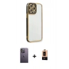 MARSİLYAN™- iPhone 13 Pro Max Kılıf Çekirdek Klasik Serisi - Şeffaf Maxco Cam Ekran Koruyucu + Neon Fosforlu Kamera Lens - BZ