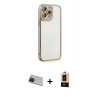 MARSİLYAN™- iPhone 13 Pro Max Kılıf Çekirdek Klasik Serisi - Şeffaf Maxco Cam Ekran Koruyucu + Kırmızı Rainbow Kamera Lens Koruma Cam