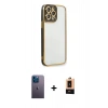 MARSİLYAN™- iPhone 13 Pro Max Kılıf Çekirdek Klasik Serisi - Şeffaf Maxco Cam Ekran Koruyucu + Neon Fosforlu Kamera Lens - MI