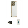 MARSİLYAN™- iPhone 13 Pro Max Kılıf Çekirdek Klasik Serisi - Şeffaf Pasifik Cam Ekran Koruyucu + Gold Raze Metal Kamera Lens
