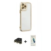 MARSİLYAN™- iPhone 13 Pro Max Kılıf Çekirdek Klasik Serisi - Şeffaf Pasifik Cam Ekran Koruyucu + Gold Raze Metal Kamera Lens