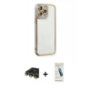 MARSİLYAN™- iPhone 13 Pro Max Kılıf Çekirdek Klasik Serisi - Şeffaf Pasifik Cam Ekran Koruyucu + Gold Raze Metal Kamera Lens
