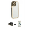MARSİLYAN™- iPhone 13 Pro Max Kılıf Çekirdek Klasik Serisi - Şeffaf Pasifik Cam Ekran Koruyucu + Gold Raze Metal Kamera Lens