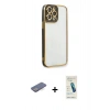 MARSİLYAN™- iPhone 13 Pro Max Kılıf Çekirdek Klasik Serisi - Şeffaf Pasifik Cam Ekran Koruyucu + Renkli Kamera Lens Koruma Cam - MI