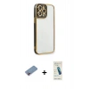 MARSİLYAN™- iPhone 13 Pro Max Kılıf Çekirdek Klasik Serisi - Şeffaf Pasifik Cam Ekran Koruyucu + Pembe Shine Kamera Lens Koruma Cam