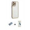 MARSİLYAN™- iPhone 13 Pro Max Kılıf Çekirdek Klasik Serisi - Şeffaf Pasifik Cam Ekran Koruyucu + Pembe Shine Kamera Lens Koruma Cam