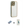 MARSİLYAN™- iPhone 13 Pro Max Kılıf Çekirdek Klasik Serisi - Şeffaf Pasifik Cam Ekran Koruyucu + Pembe Shine Kamera Lens Koruma Cam