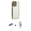 MARSİLYAN™- iPhone 13 Pro Max Kılıf Çekirdek Klasik Serisi - Şeffaf Pasifik Cam Ekran Koruyucu + Renkli Kamera Lens Koruma Cam - TU