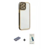 MARSİLYAN™- iPhone 13 Pro Max Kılıf Çekirdek Klasik Serisi - Şeffaf Pasifik Cam Ekran Koruyucu + Renkli Kamera Lens Koruma Cam - PE