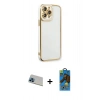 MARSİLYAN™- iPhone 13 Pro Max Kılıf Çekirdek Klasik Serisi - Siyah 18D Cam Ekran Koruyucu + Mavi Rainbow Kamera Lens Koruma Cam