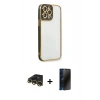 MARSİLYAN™- iPhone 13 Pro Max Kılıf Çekirdek Klasik Serisi - Siyah 3D Antistatik Hayalet Cam Ekran Koruyucu + Raze Metal Kamera Lens - GD