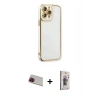 MARSİLYAN™- iPhone 13 Pro Max Kılıf Çekirdek Klasik Serisi - Siyah Bilvis 3D Cam Ekran Koruyucu + Kırmızı Rainbow Kamera Lens Koruma Cam