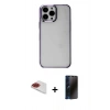 MARSİLYAN™- iPhone 13 Pro Max Kılıf Doruk Doku Prime - Siyah 3D Antistatik Hayalet Cam Ekran Koruyucu + Pers Alüminyum Kamera Lens - KI