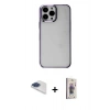 MARSİLYAN™- iPhone 13 Pro Max Kılıf Doruk Doku Prime - Siyah Bilvis 3D Cam Ekran Koruyucu + Lacivert Pers Alüminyum Kamera Lens