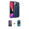 MARSİLYAN™- iPhone 13 Pro Max Kılıf Doruk Klasik Özel Seri - Siyah 18D Cam Ekran Koruyucu + Neon Fosforlu Kamera Lens - BZ