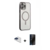 MARSİLYAN™- iPhone 13 Pro Max Kılıf Doruk Minimal - Siyah 3D Antistatik Hayalet Cam Ekran Koruyucu + Pers Alüminyum Kamera Lens - LT