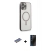 MARSİLYAN™- iPhone 13 Pro Max Kılıf Doruk Minimal - Siyah 3D Antistatik Hayalet Cam Ekran Koruyucu + Renkli Kamera Lens Koruma Cam - SI