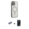 MARSİLYAN™- iPhone 13 Pro Max Kılıf Doruk Minimal - Siyah 3D Antistatik Hayalet Cam Ekran Koruyucu + Renkli Kamera Lens Koruma Cam - TU
