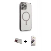 MARSİLYAN™- iPhone 13 Pro Max Kılıf Doruk Minimal - Siyah Bilvis 3D Mat Cam Ekran Koruyucu + Kırmızı Rainbow Kamera Lens Koruma Cam
