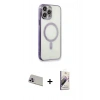 MARSİLYAN™- iPhone 13 Pro Max Kılıf Doruk Minimal - Siyah Bilvis 3D Mat Cam Ekran Koruyucu + Mor Rainbow Kamera Lens Koruma Cam