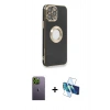MARSİLYAN™- iPhone 13 Pro Max Kılıf İz Form Serisi - Siyah 3D Antistatik Cam Ekran Koruyucu + Neon Fosforlu Kamera Lens - YL