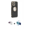 MARSİLYAN™- iPhone 13 Pro Max Kılıf İz Form Serisi - Siyah 3D Antistatik Cam Ekran Koruyucu + Pers Alüminyum Kamera Lens - GI