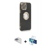 MARSİLYAN™- iPhone 13 Pro Max Kılıf İz Form Serisi - Siyah 3D Antistatik Cam Ekran Koruyucu + Pers Alüminyum Kamera Lens - SABE