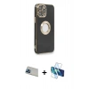 MARSİLYAN™- iPhone 13 Pro Max Kılıf İz Form Serisi - Siyah 3D Antistatik Cam Ekran Koruyucu + Rainbow Kamera Lens Koruma Cam - MI