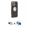 MARSİLYAN™- iPhone 13 Pro Max Kılıf İz Form Serisi - Siyah 3D Antistatik Cam Ekran Koruyucu + Rainbow Kamera Lens Koruma Cam - KI