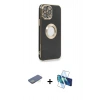 MARSİLYAN™- iPhone 13 Pro Max Kılıf İz Form Serisi - Siyah 3D Antistatik Cam Ekran Koruyucu + Renkli Kamera Lens Koruma Cam - YL