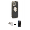 MARSİLYAN™- iPhone 13 Pro Max Kılıf İz Form Serisi - Siyah 3D Antistatik Hayalet Cam Ekran Koruyucu + Gold Pers Alüminyum Kamera Lens