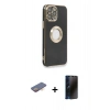 MARSİLYAN™- iPhone 13 Pro Max Kılıf İz Form Serisi - Siyah 3D Antistatik Hayalet Cam Ekran Koruyucu + Renkli Kamera Lens Koruma Cam - TU
