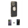 MARSİLYAN™- iPhone 13 Pro Max Kılıf İz Form Serisi - Siyah 3D Antistatik Hayalet Cam Ekran Koruyucu + Neon Fosforlu Kamera Lens - YL