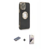 MARSİLYAN™- iPhone 13 Pro Max Kılıf İz Form Serisi - Siyah Bilvis 3D Mat Cam Ekran Koruyucu + Renkli Kamera Lens Koruma Cam - SI